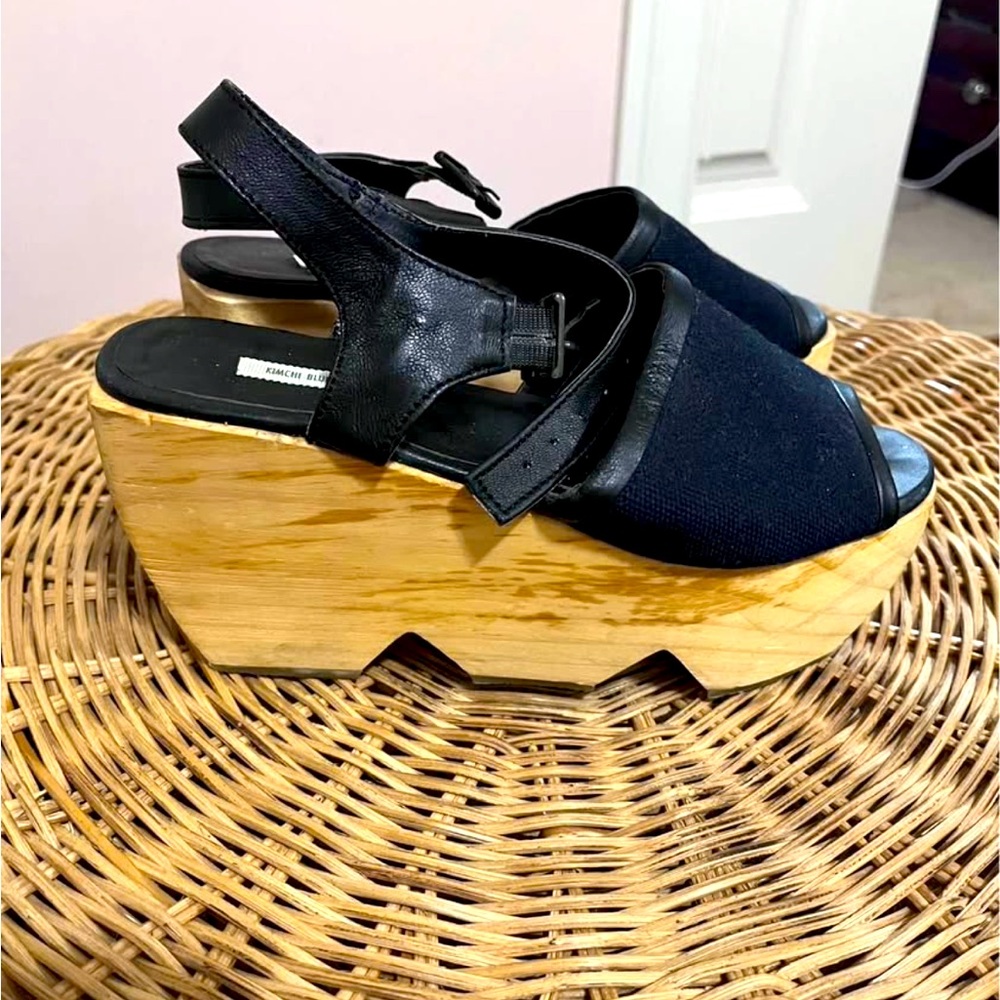 Black Platform Wooden Wedge Sandals